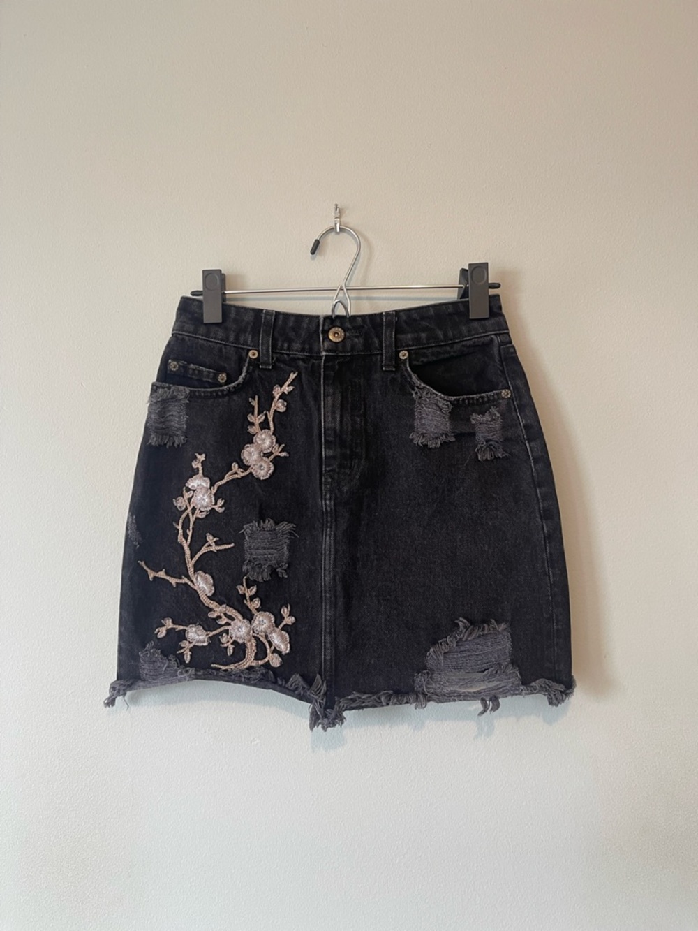 Black Distressed Denim Skirt with Embroidery